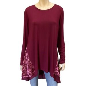 LOGO Lori Goldstein Tunic Women Large Burgundy Long Sleeve Top Floral Stretch